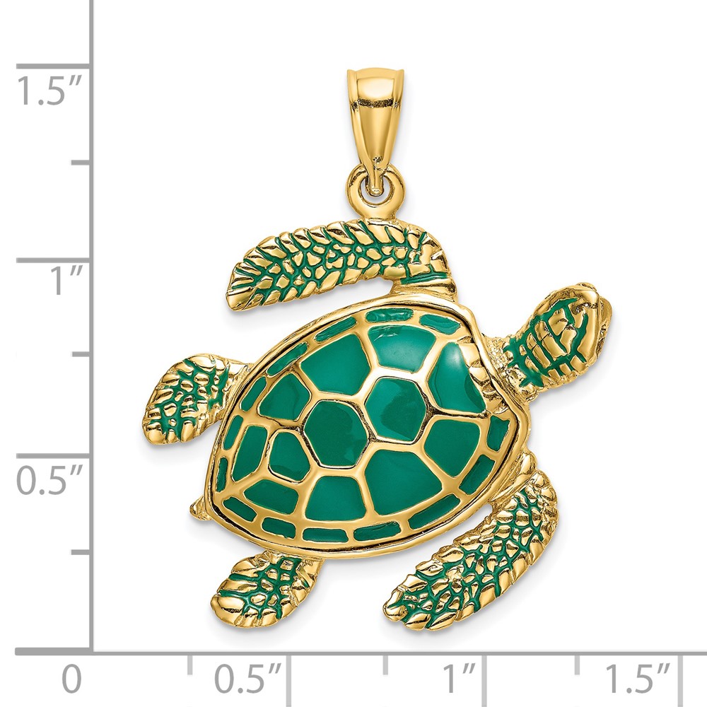 14K 3-D Green Enamel Large Sea Turtle Charm (K6717)
