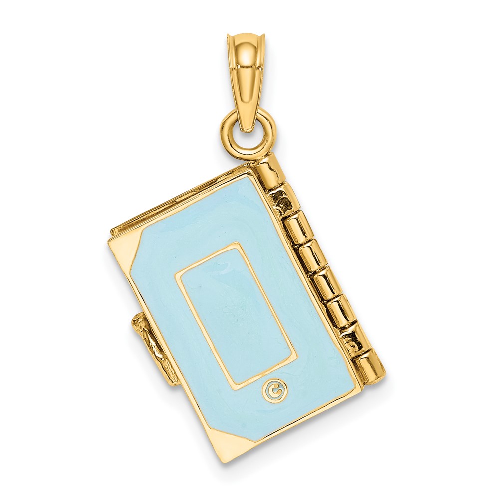 14K 3-D Blue Enamel Bible Book w/ Moveable Pages Charm (K6733)