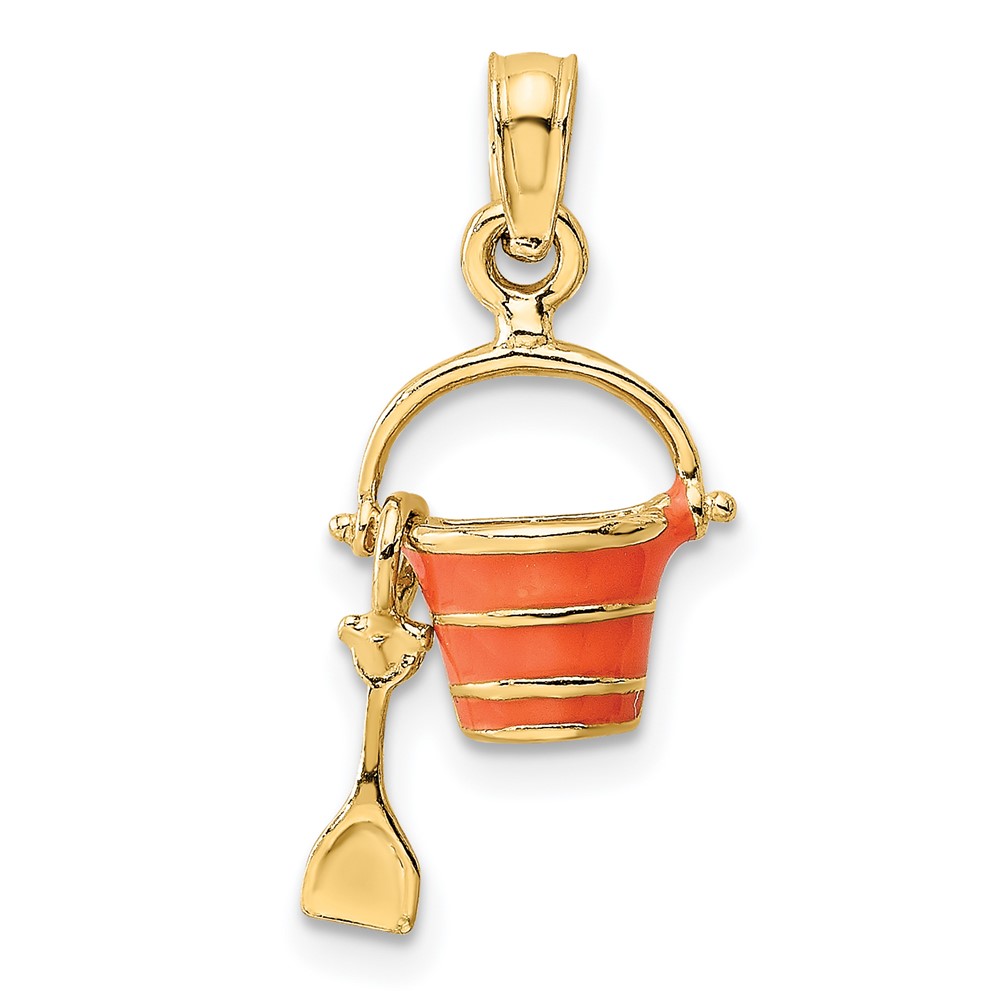 14K 2-D Orange Enameled Beach Bucket w/Moveable Shovel Charm (K6769)