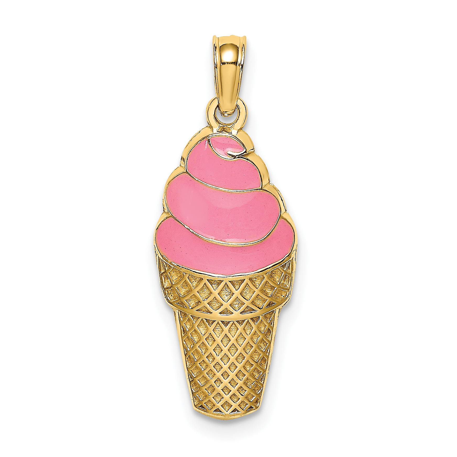 14K Pink Enameled Strawberry Ice Cream Cone Charm (K6799)