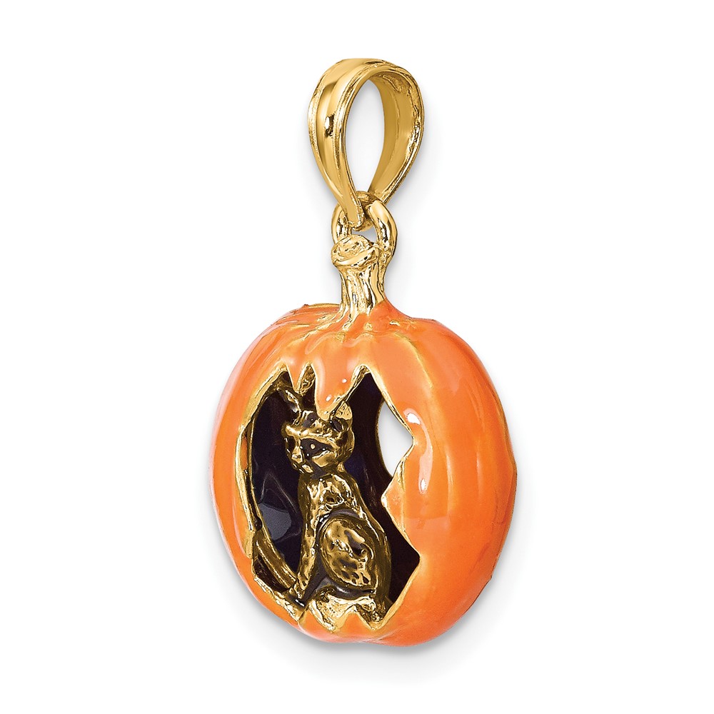 14K 3-D Enameled Pumpkin w/Black Cat and Moon Charm (K6809)
