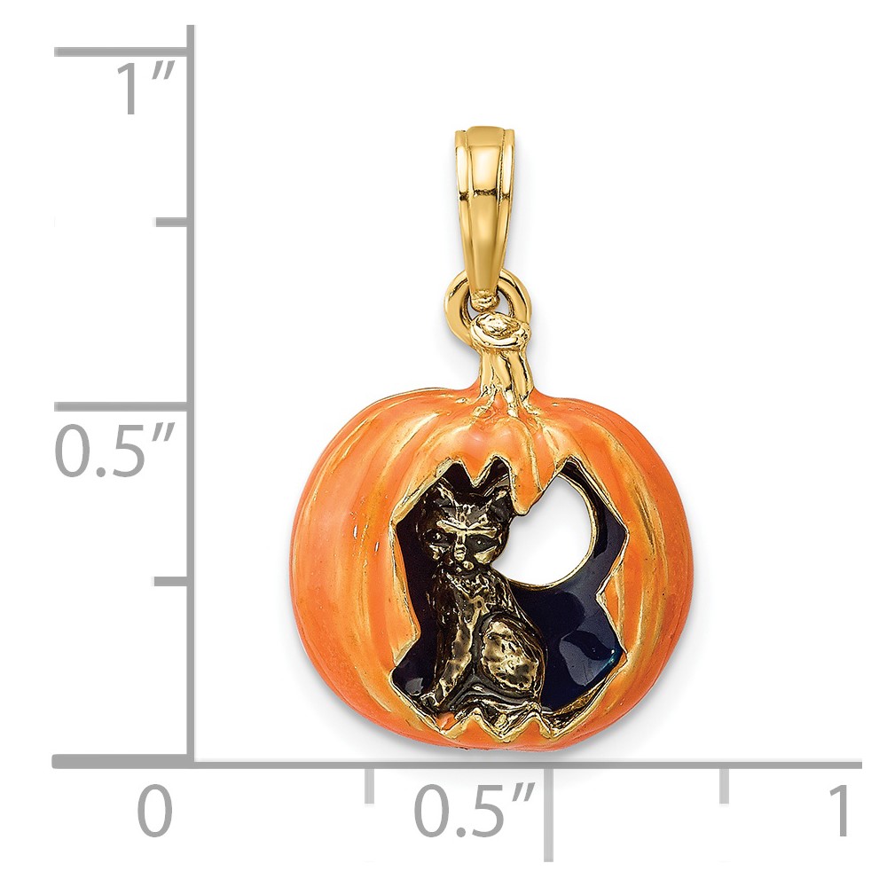 14K 3-D Enameled Pumpkin w/Black Cat and Moon Charm (K6809)