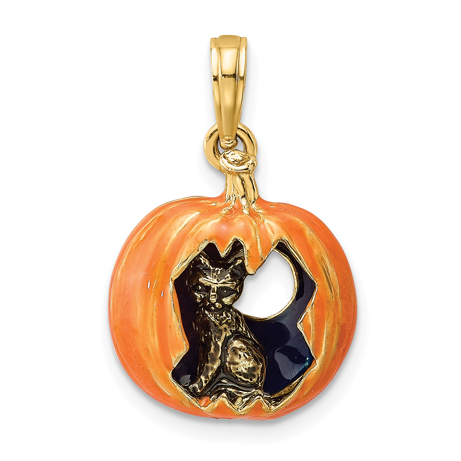 14K 3-D Enameled Pumpkin w/Black Cat and Moon Charm (K6809)
