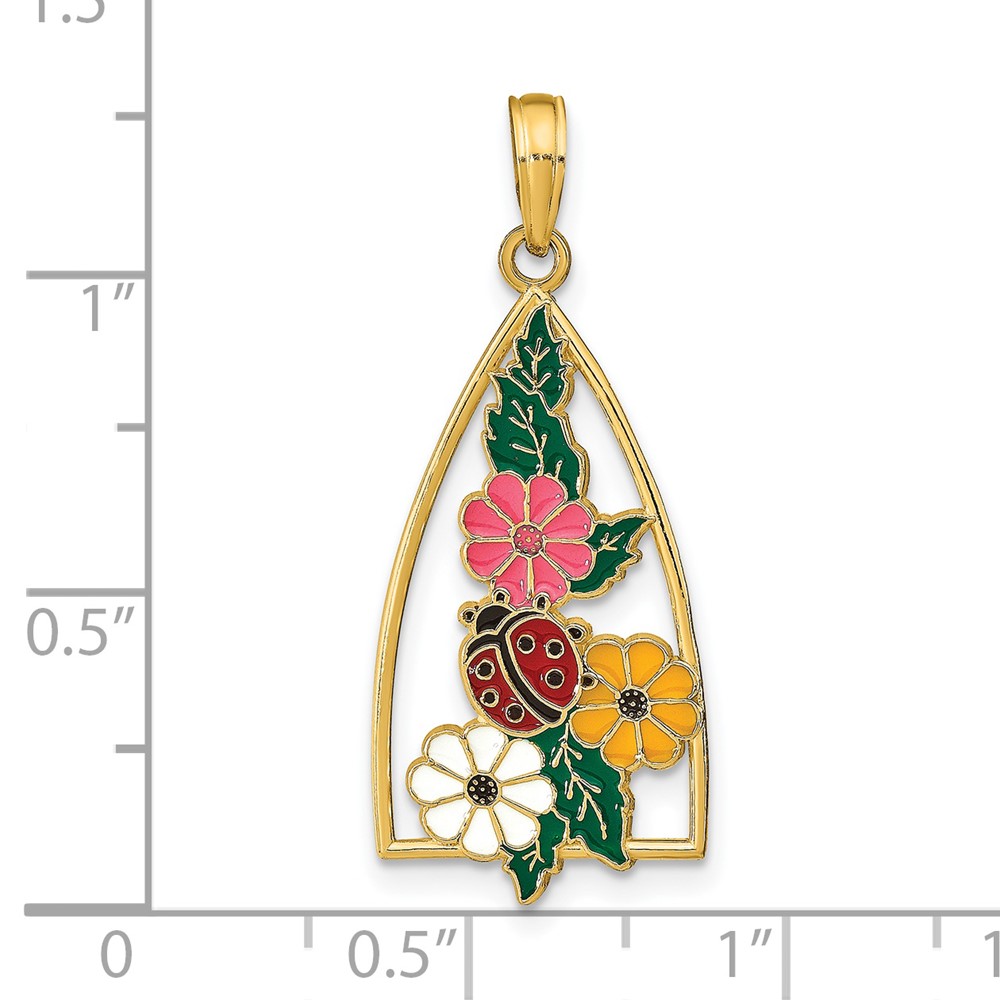 14K Enameled Ladybug and Flowers Triangle Pendant (K6834)