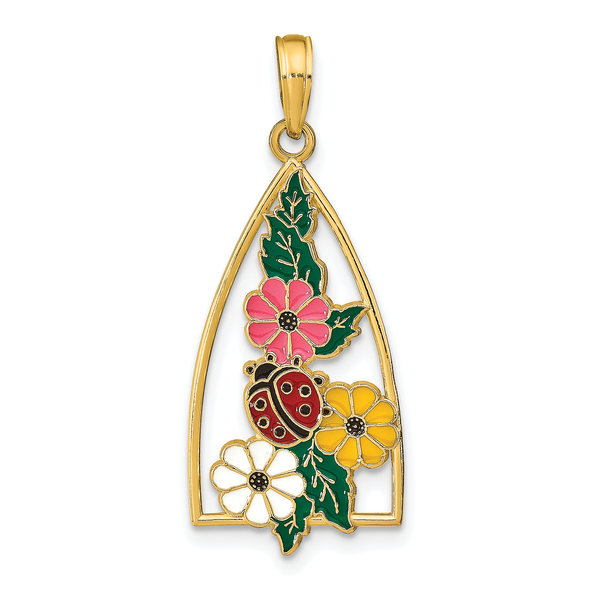 14K Enameled Ladybug and Flowers Triangle Pendant (K6834)