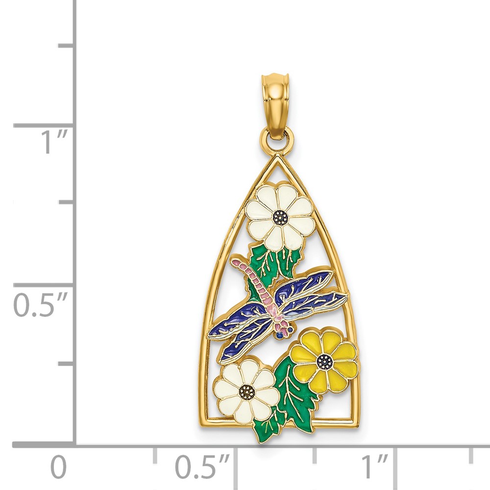 14K Enamel Dragonfly and Flowers Triangle Charm (K6835)
