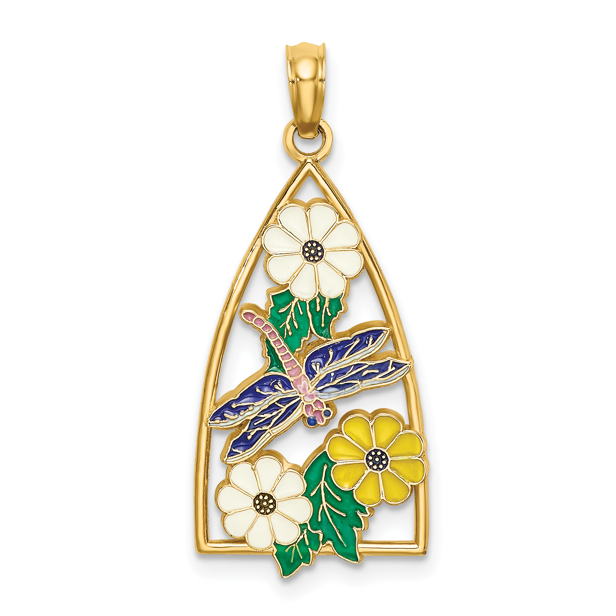 14K Enamel Dragonfly and Flowers Triangle Charm (K6835)