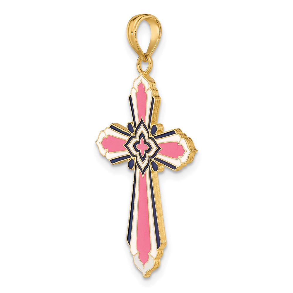 14K 3-D W/ Pink and White Enamel Cross Charm (K6858)