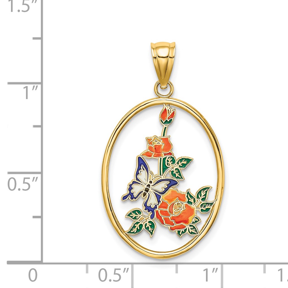 14K Enamel White Butterfly In Oval w/ Orange Flowers Charm (K6866)