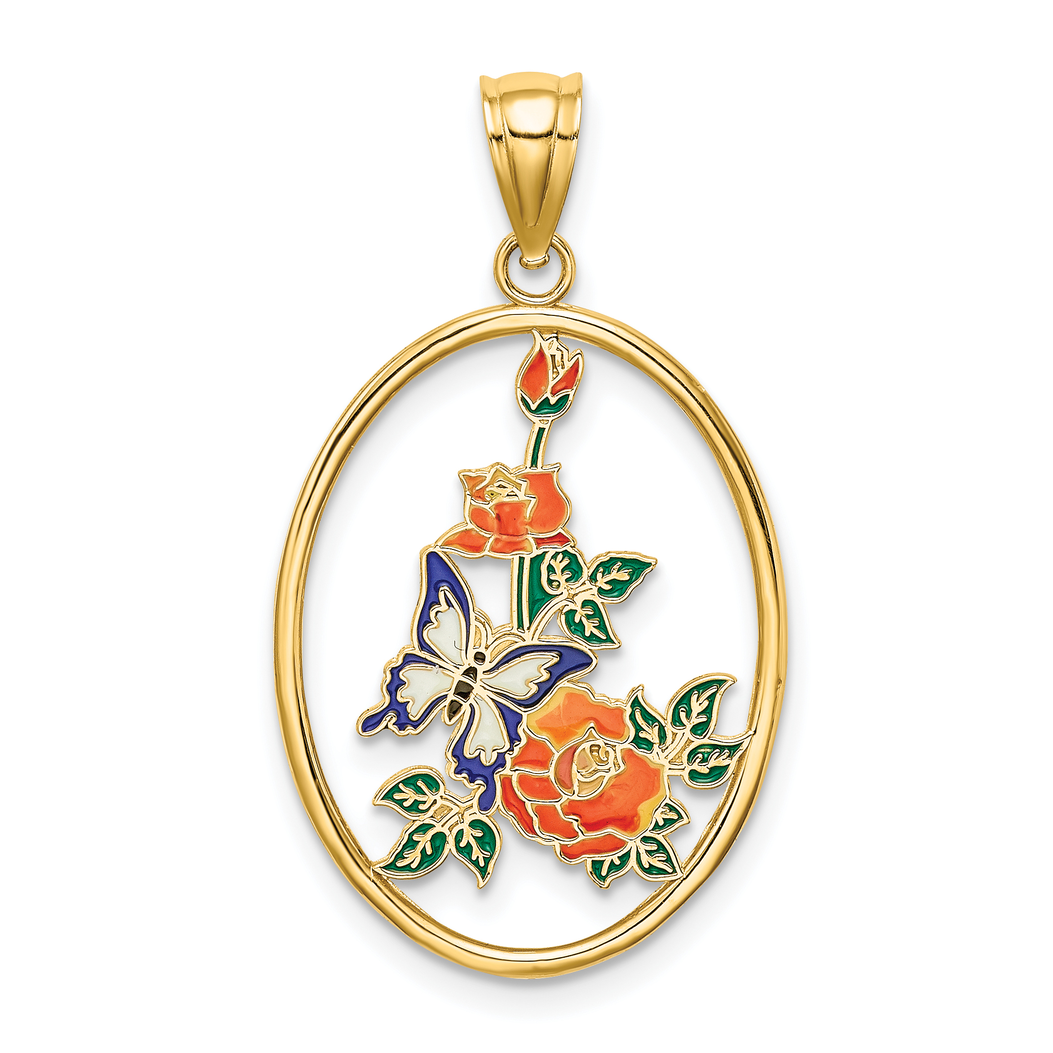 14K Enamel White Butterfly In Oval w/ Orange Flowers Charm (K6866)