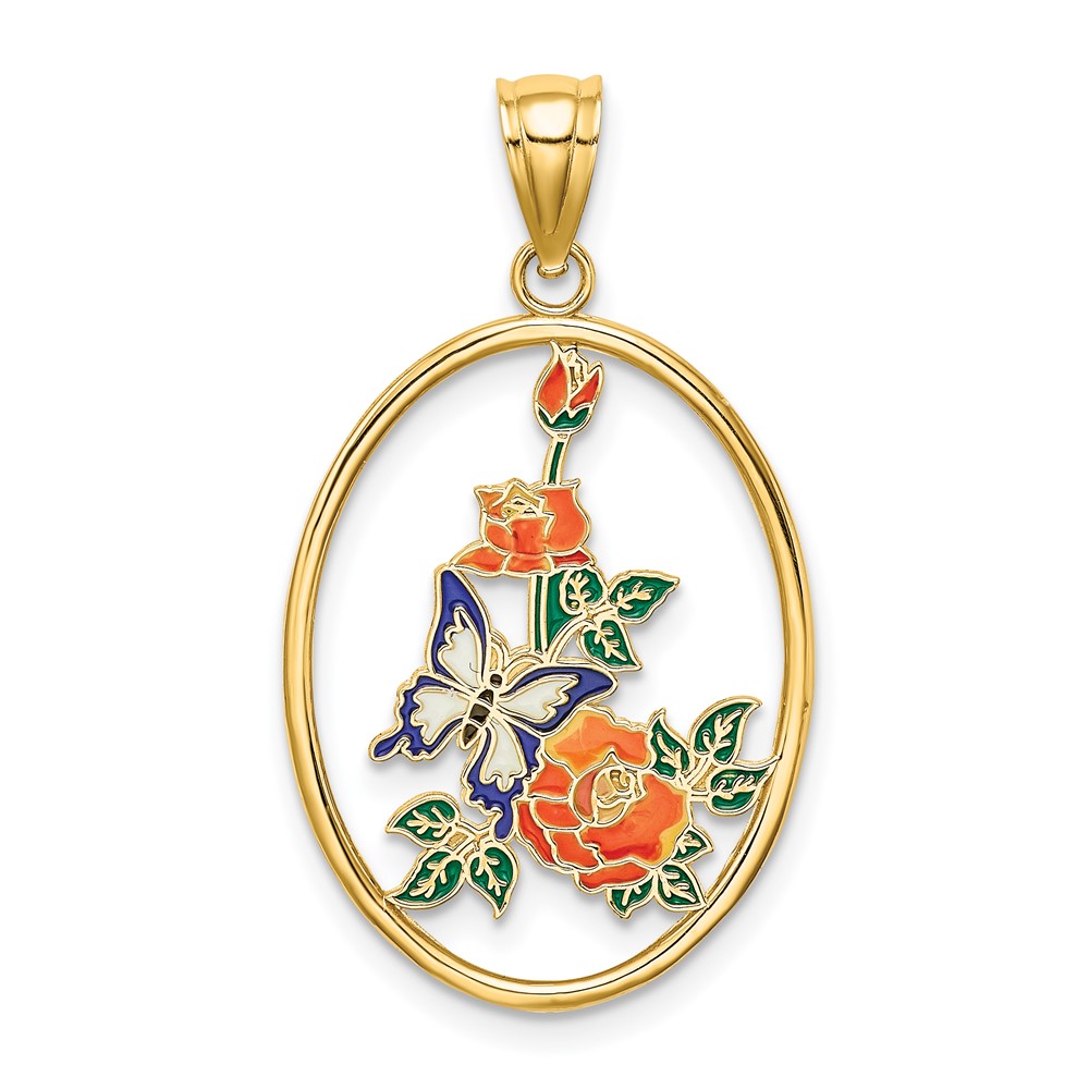 14K Enamel White Butterfly In Oval w/ Orange Flowers Charm (K6866)