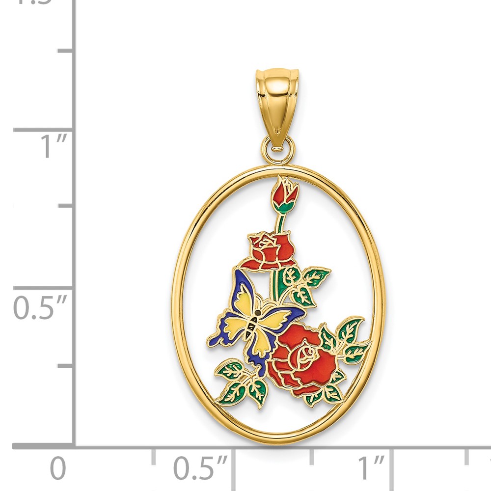 14K Enamel Yellow Butterfly in Oval Red Flower Charm (K6867)