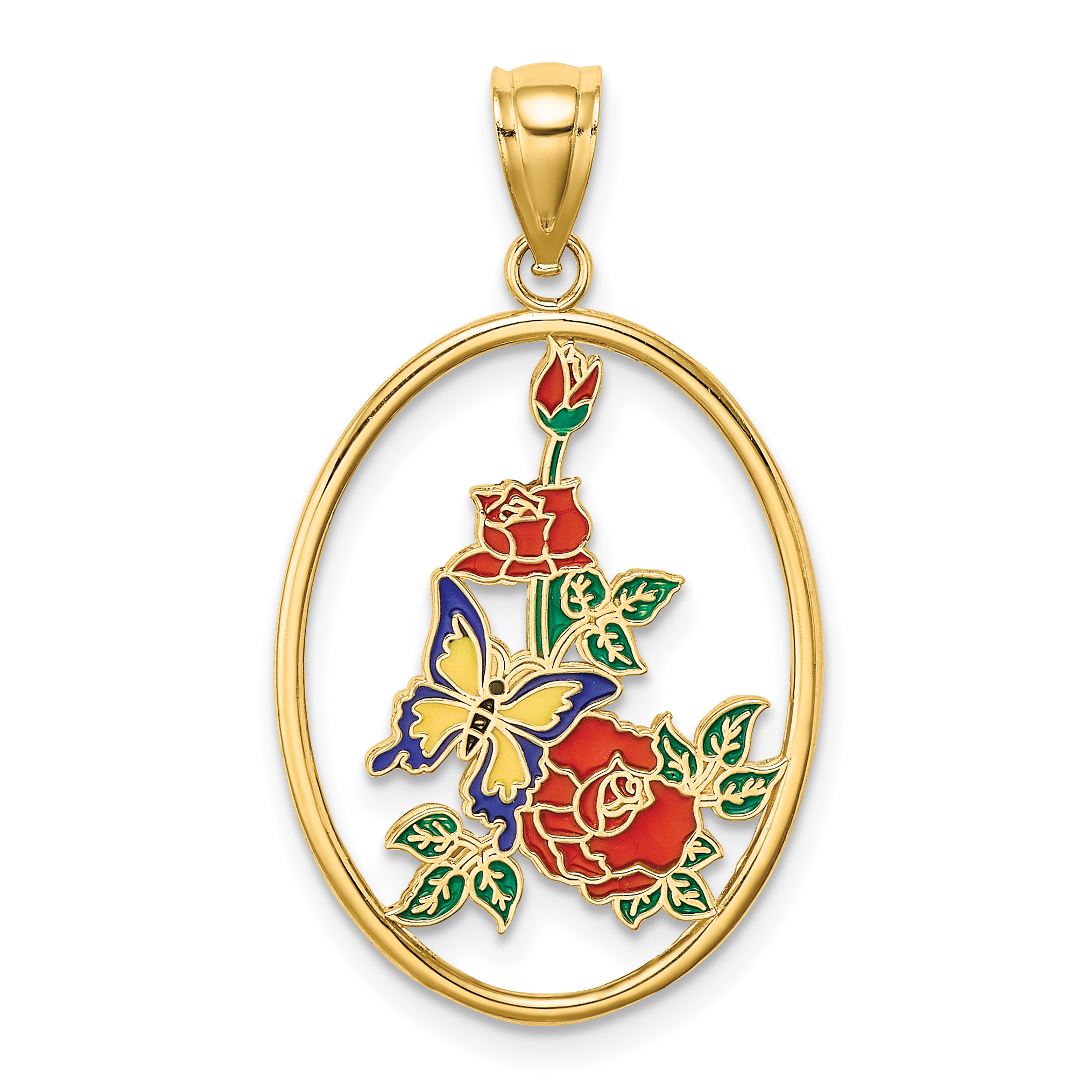 14K Enamel Yellow Butterfly in Oval Red Flower Charm (K6867)