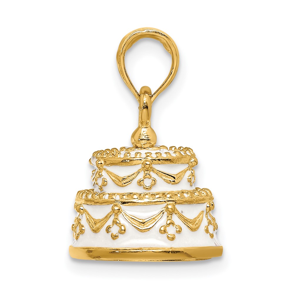 14K Polished Enameled JUST MARRIED 3-D Wedding Cake Pendant (K6873)