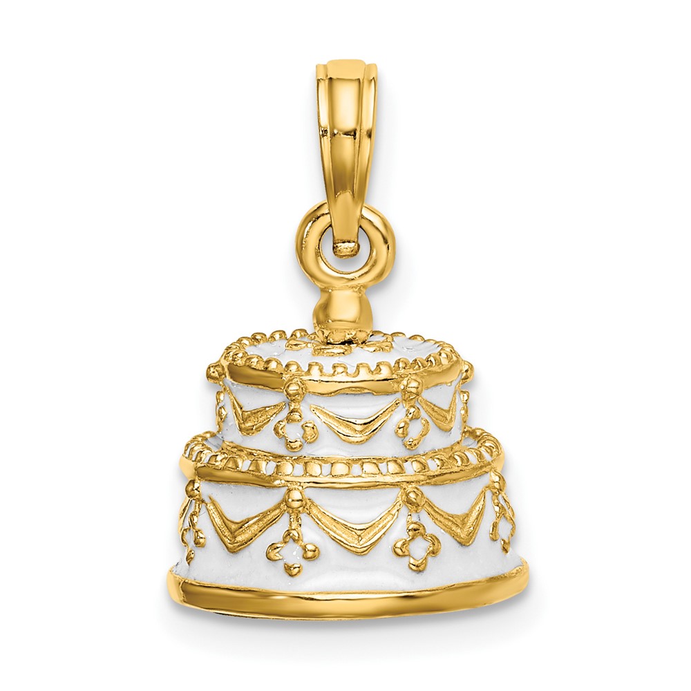 14K Polished Enameled JUST MARRIED 3-D Wedding Cake Pendant (K6873)