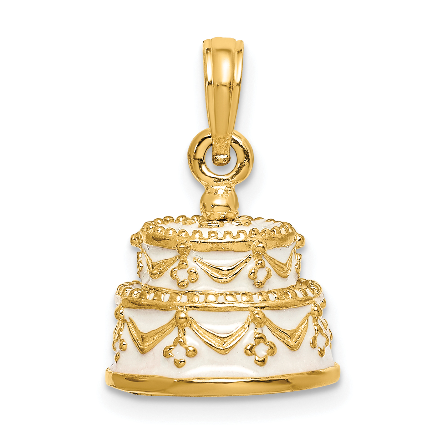 14K Polished Enameled JUST MARRIED 3-D Wedding Cake Pendant (K6873)