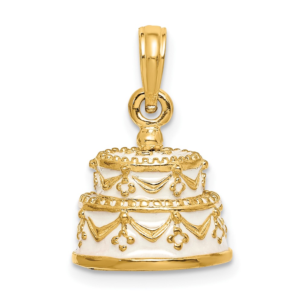 14K Polished Enameled JUST MARRIED 3-D Wedding Cake Pendant (K6873)