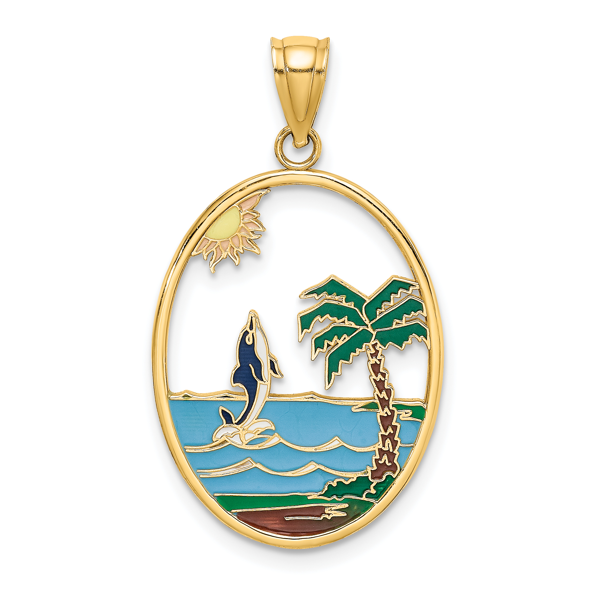 14K Enamel Dolphin Jumping In Beach Scene Charm (K6874)
