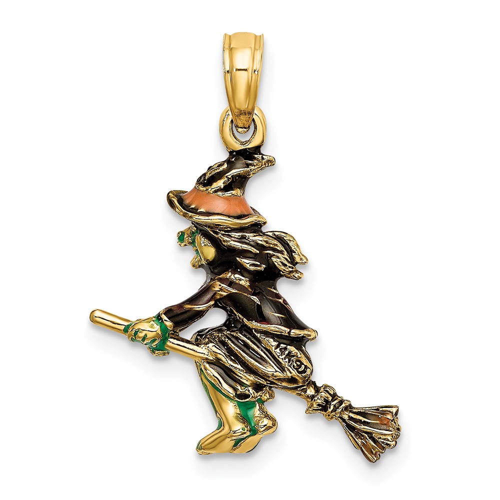 14K 3-D Enameled Witch Flying on Broom Charm (K6887)