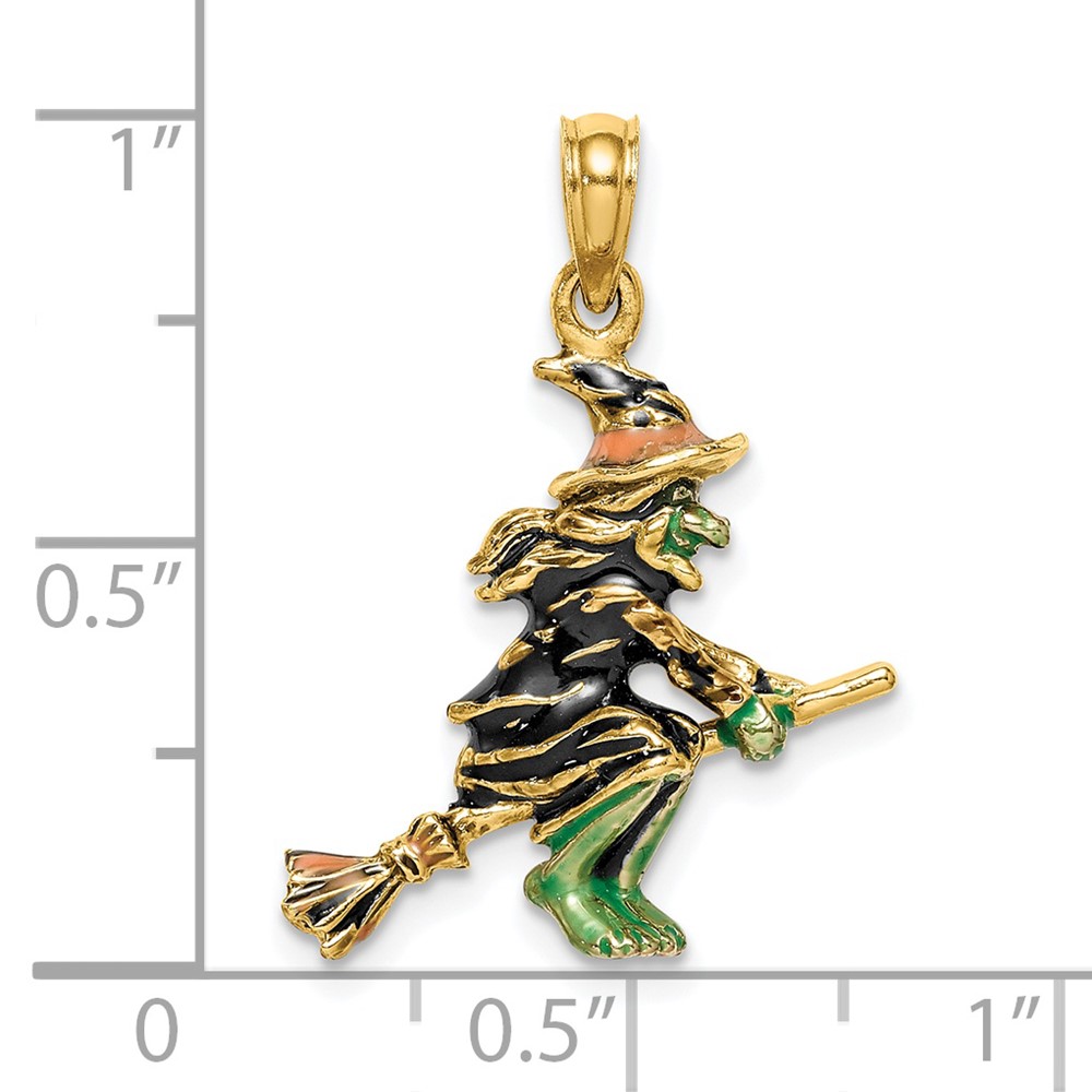 14K 3-D Enameled Witch Flying on Broom Charm (K6887)