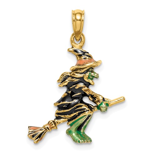 14K 3-D Enameled Witch Flying on Broom Charm