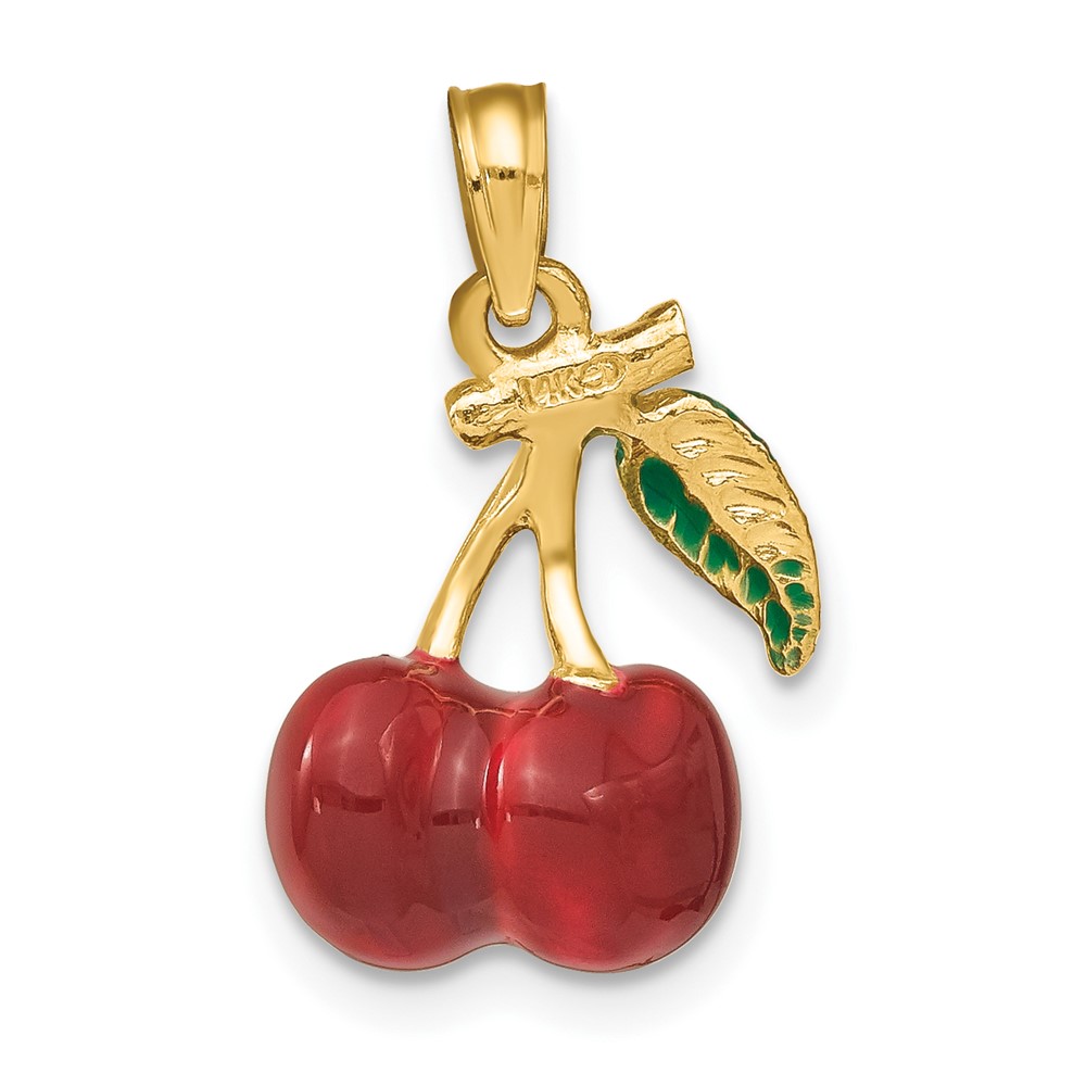 14K 3-D Enamel Cherries W/ Leaf Charm (K6924)