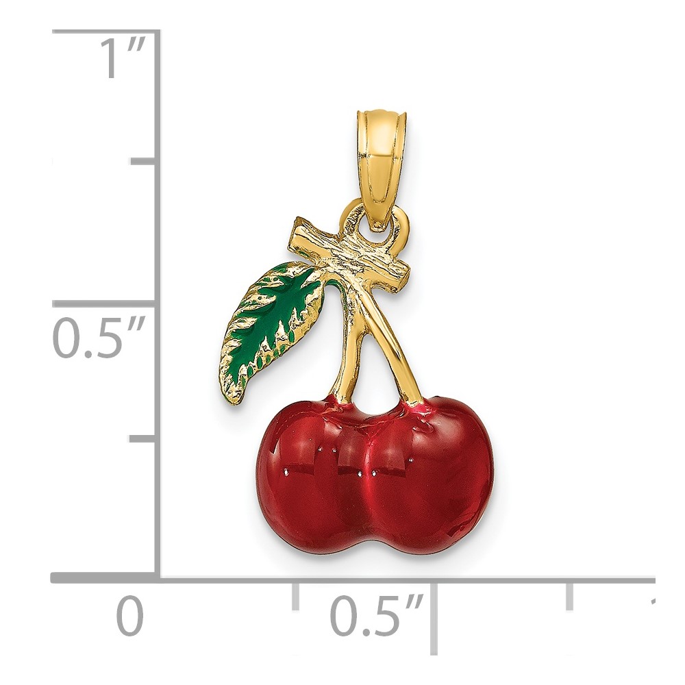 14K 3-D Enamel Cherries W/ Leaf Charm (K6924)