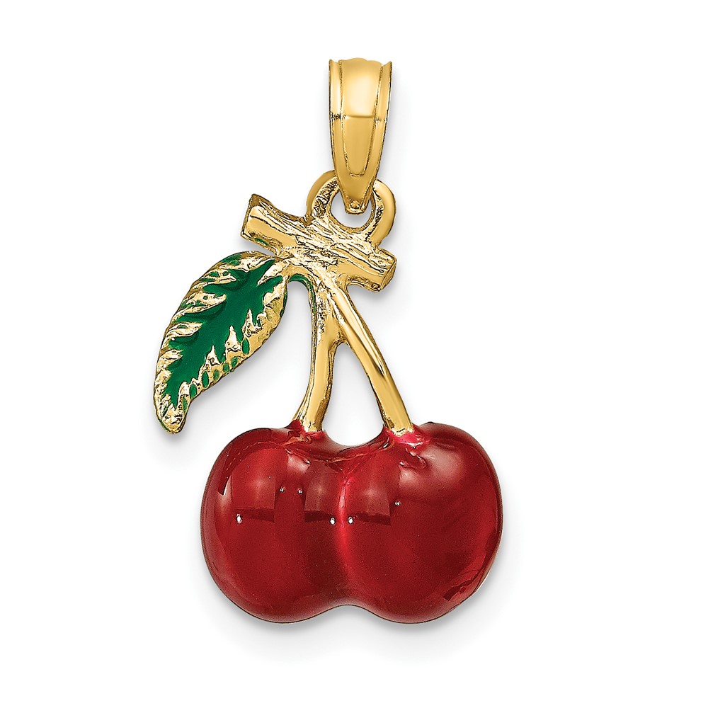 14K 3-D Enamel Cherries W/ Leaf Charm (K6924)
