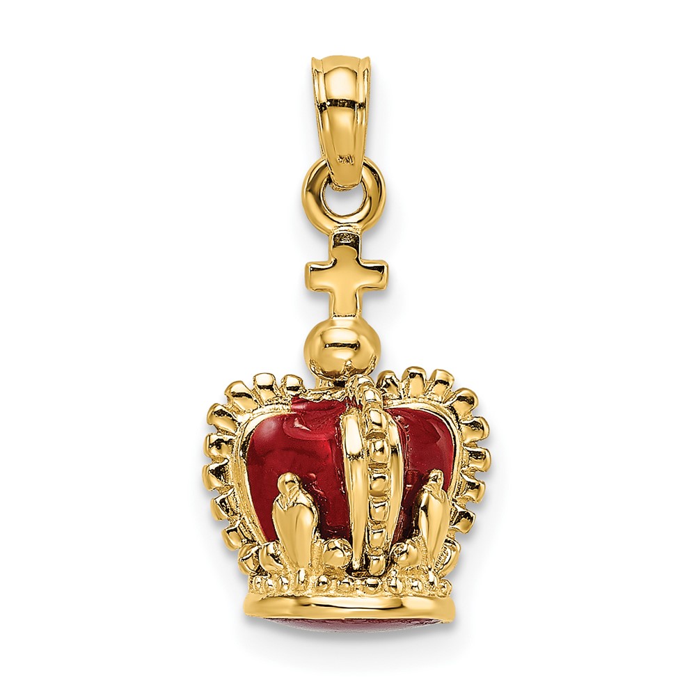 14K 3-D w/ Red Enamel Inside Crown w/ Cross On top Charm (K6946)