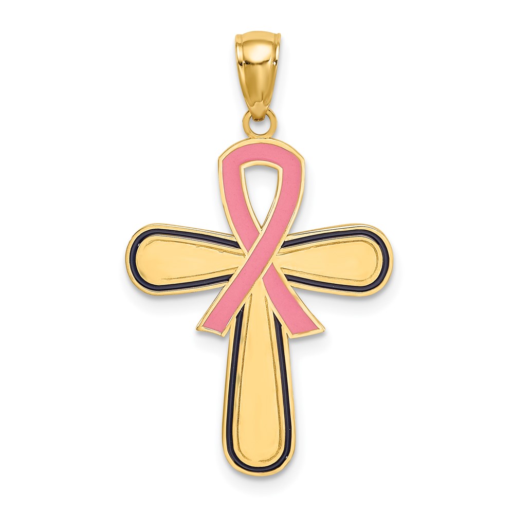 14K Enamel Pink Ribbon Breast Cancer Cross (K6961)