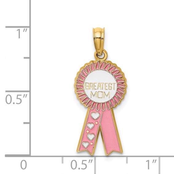14K GREATEST MOM Enameled Pink Ribbon Charm