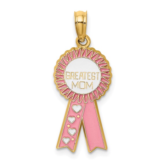 14K GREATEST MOM Enameled Pink Ribbon Charm