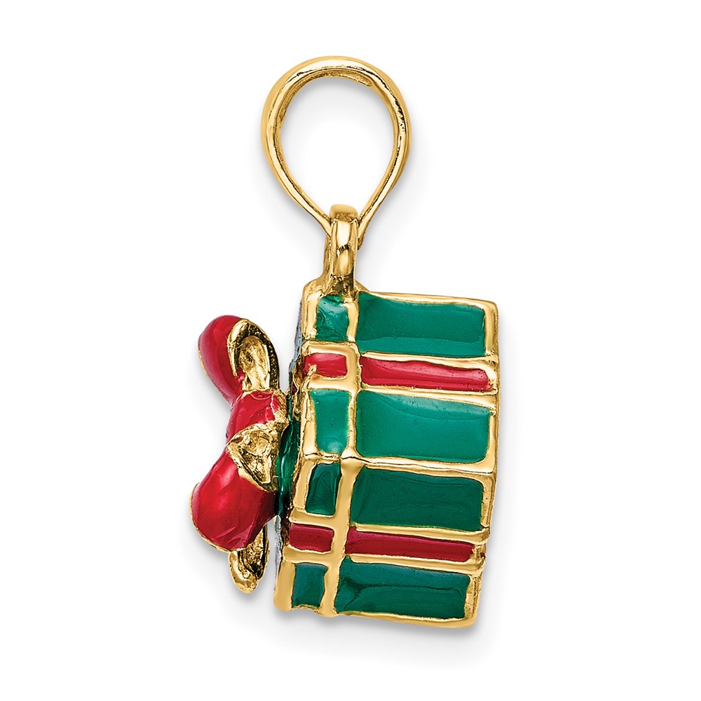 14K 3-D w/Enamel Green Gift Box w/Red Bow Charm (K7014)