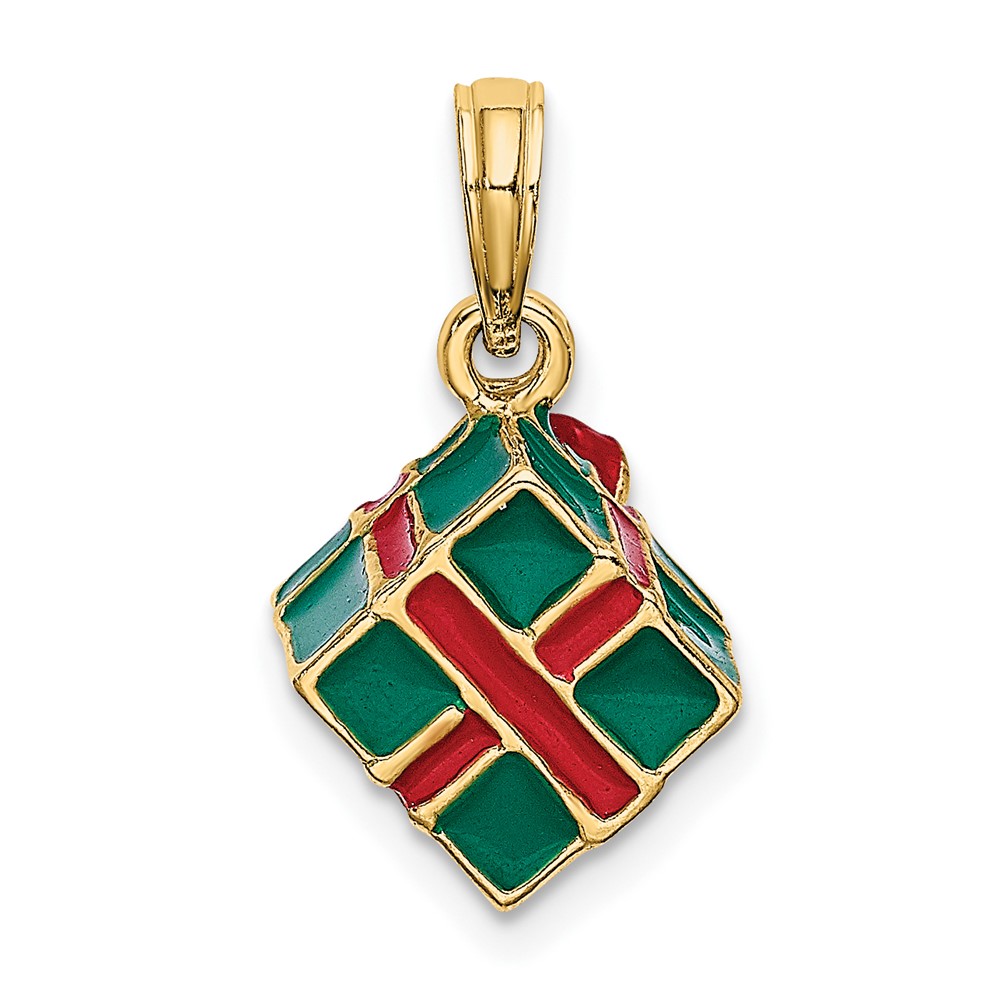 14K 3-D w/Enamel Green Gift Box w/Red Bow Charm (K7014)