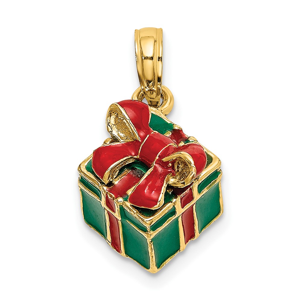14K 3-D w/Enamel Green Gift Box w/Red Bow Charm (K7014)