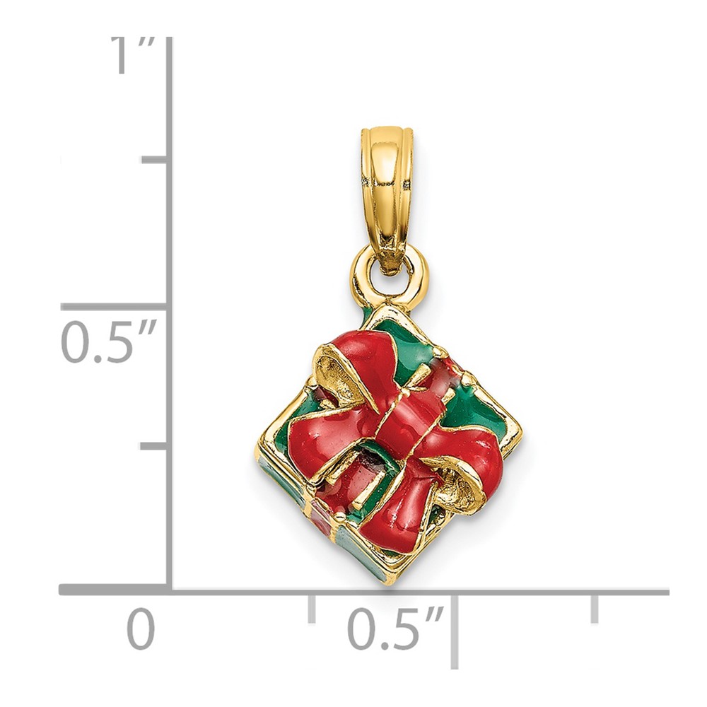 14K 3-D w/Enamel Green Gift Box w/Red Bow Charm (K7014)