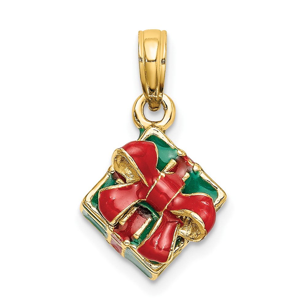 14K 3-D w/Enamel Green Gift Box w/Red Bow Charm (K7014)