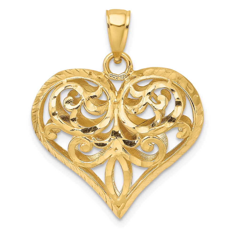 14K 3-D Diamond-cut Filigree Puffed Heart Charm (K7115)