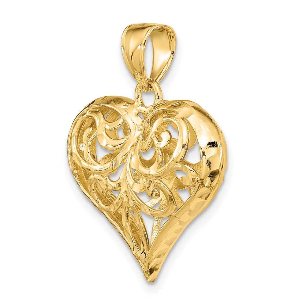 14K 3-D Diamond-cut Filigree Puffed Heart Charm (K7115)