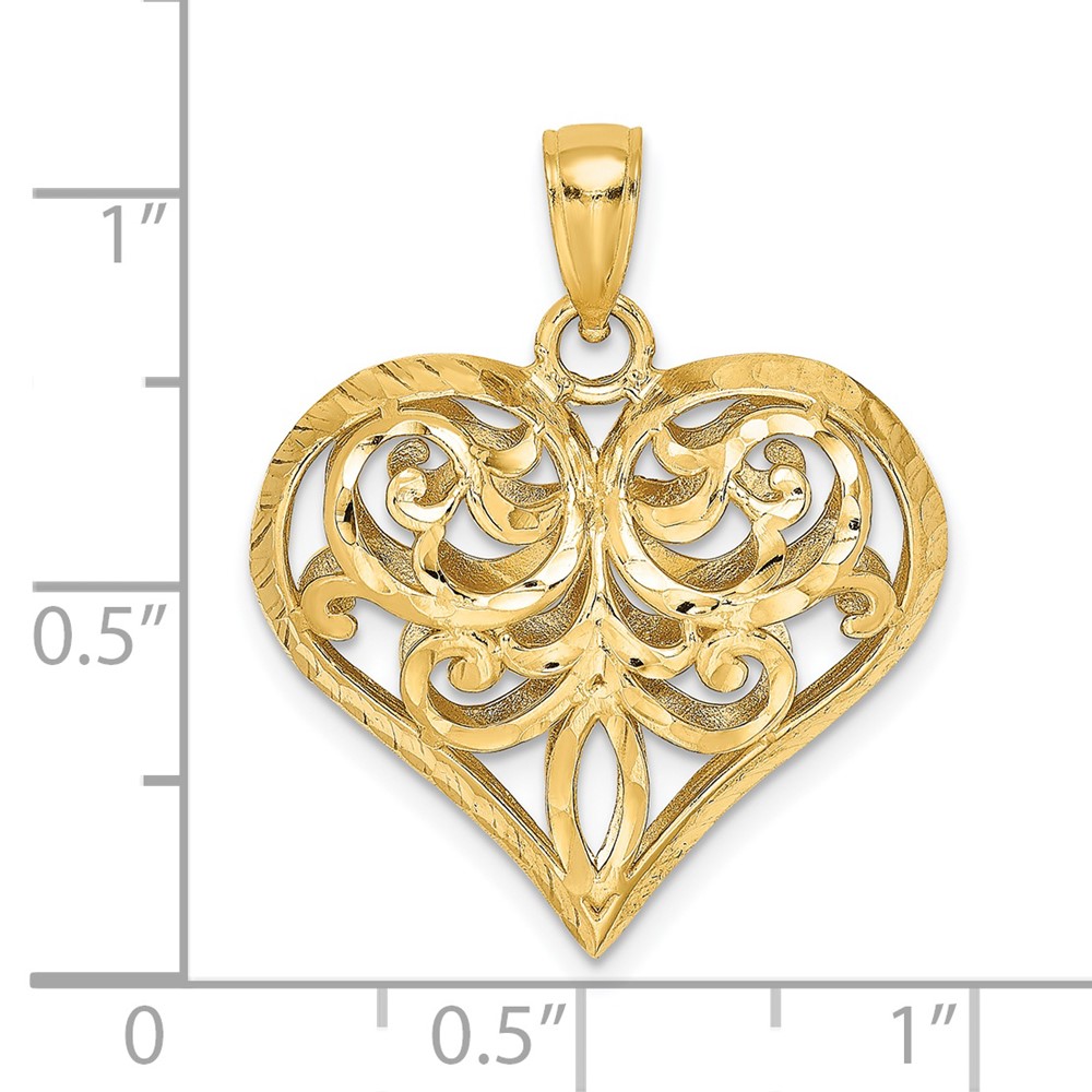 14K 3-D Diamond-cut Filigree Puffed Heart Charm (K7115)