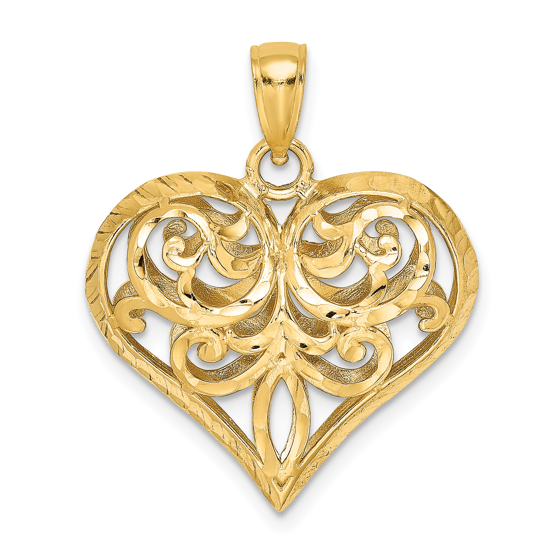 14K 3-D Diamond-cut Filigree Puffed Heart Charm (K7115)