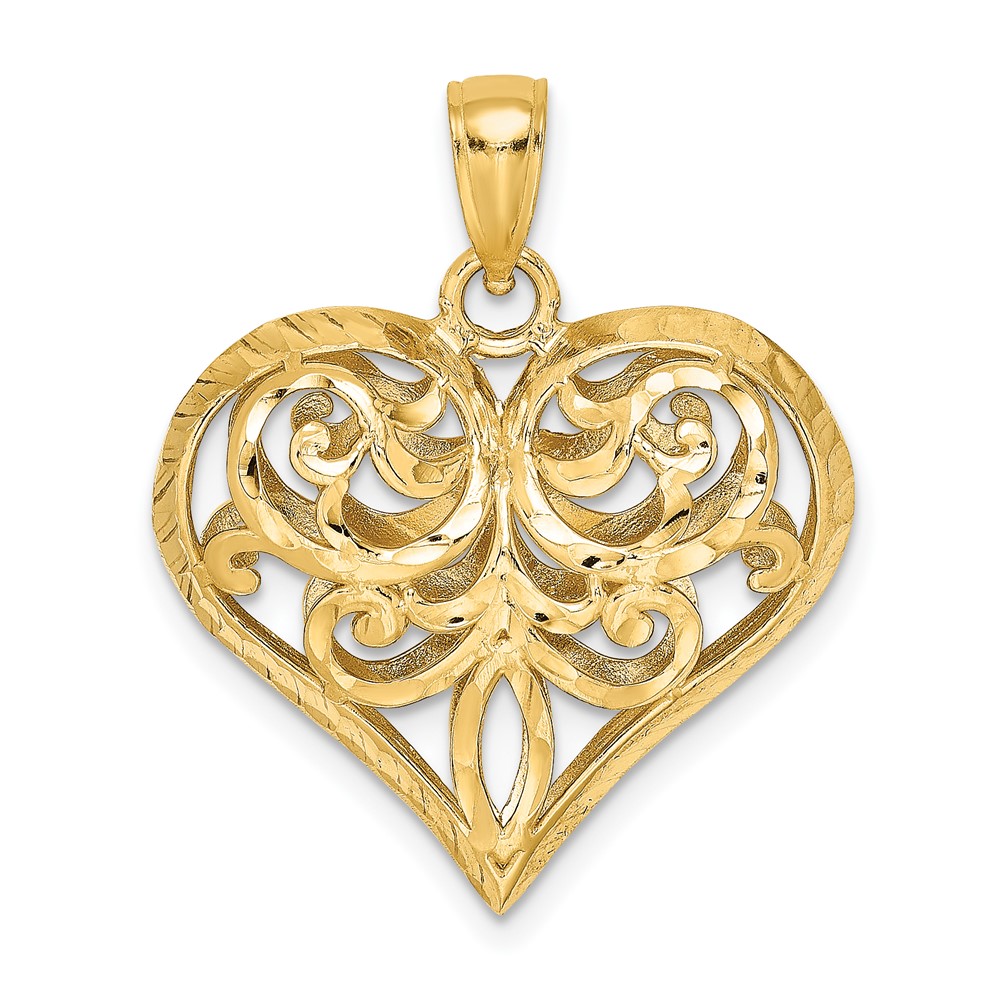 14K 3-D Diamond-cut Filigree Puffed Heart Charm (K7115)