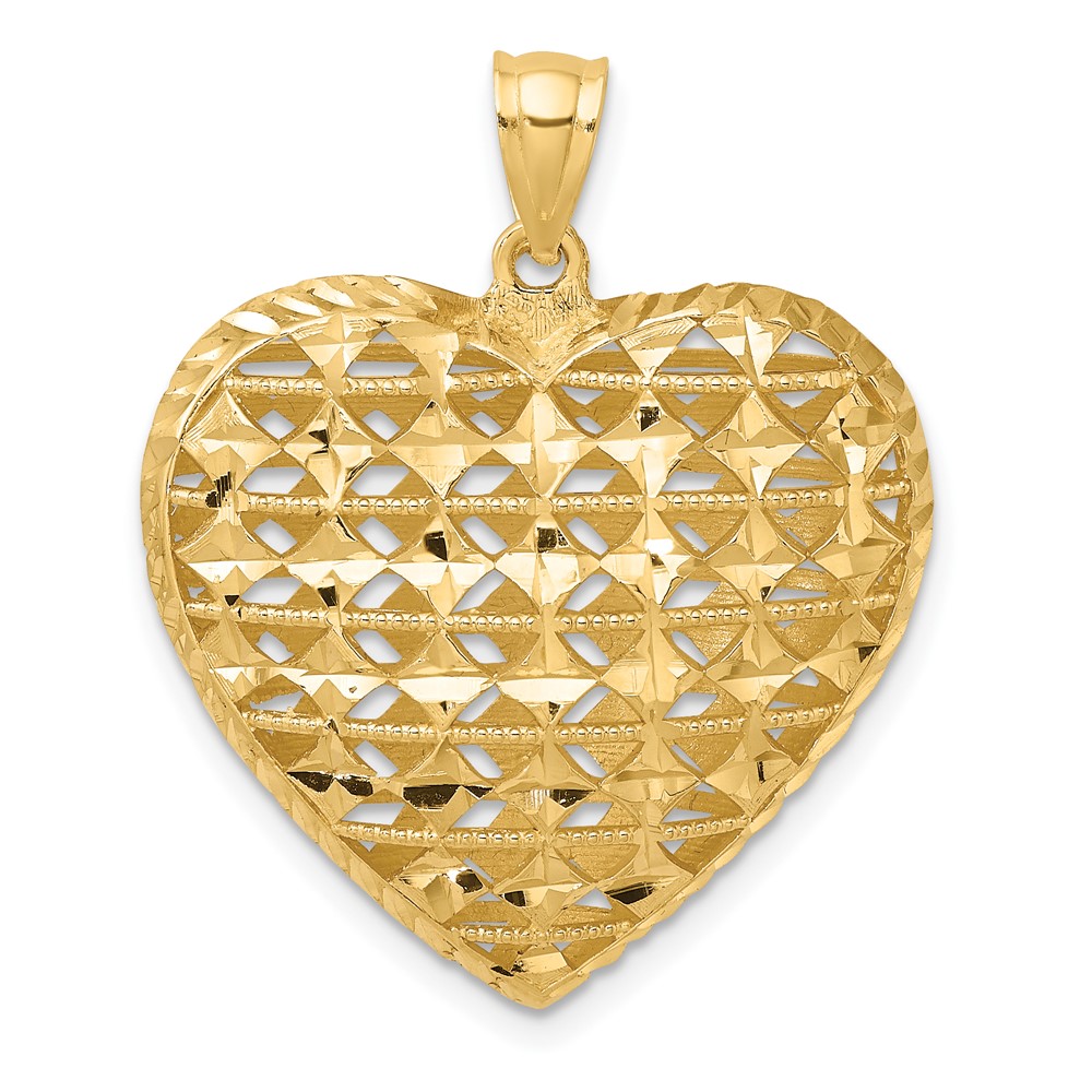 14K 3-D Cut-out Diamond-cut Puffed Heart Pendant (K7128)