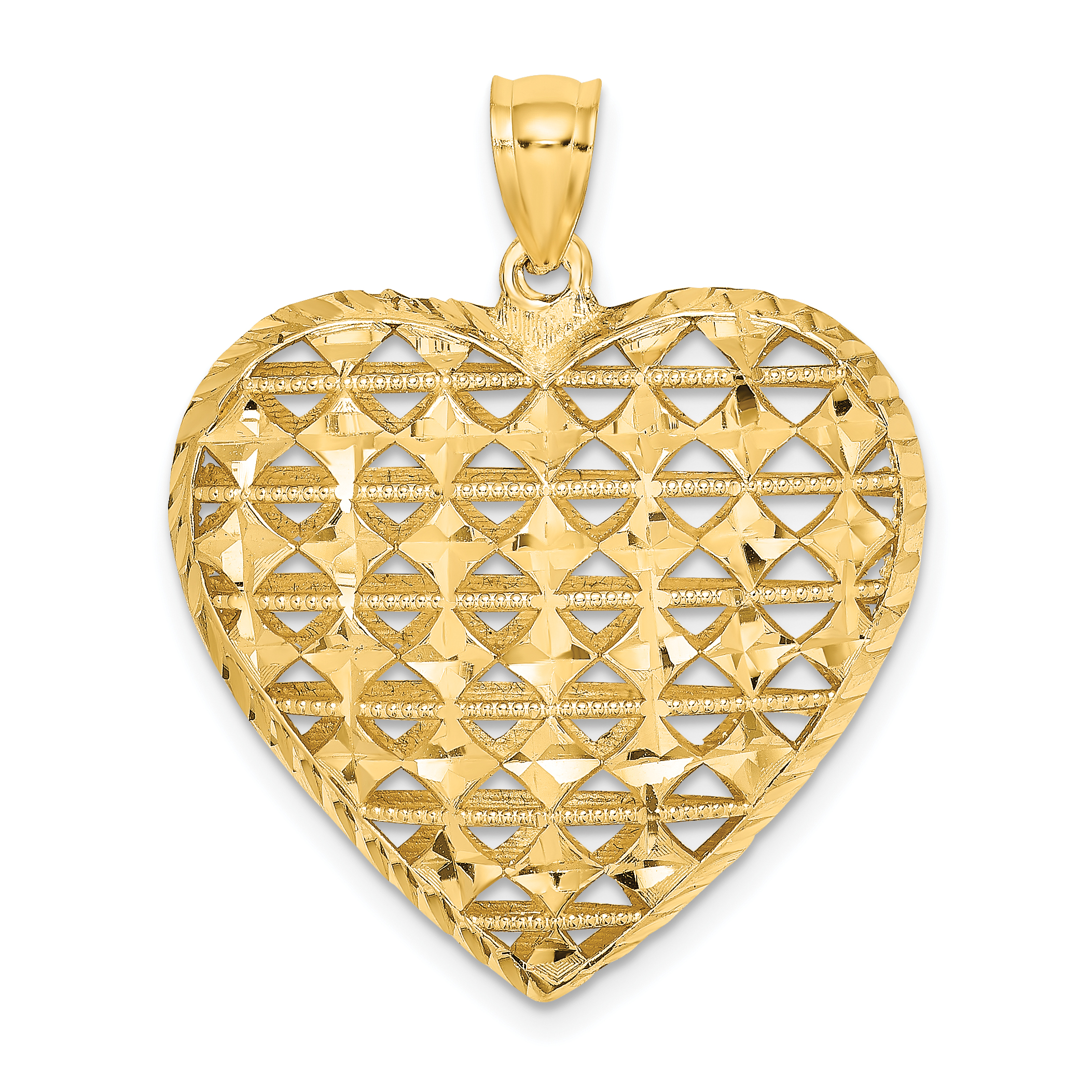 14K 3-D Cut-out Diamond-cut Puffed Heart Pendant (K7128)