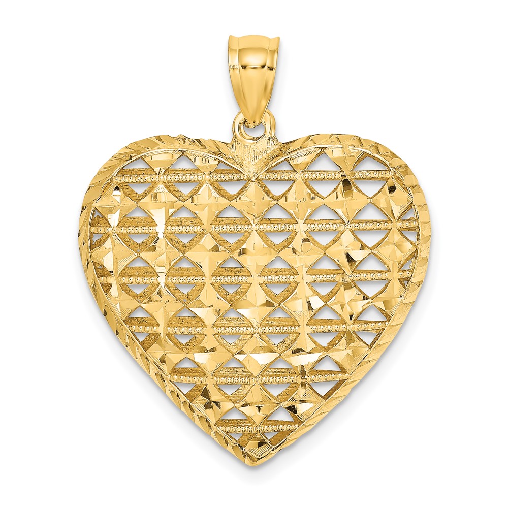 14K 3-D Cut-out Diamond-cut Puffed Heart Pendant (K7128)