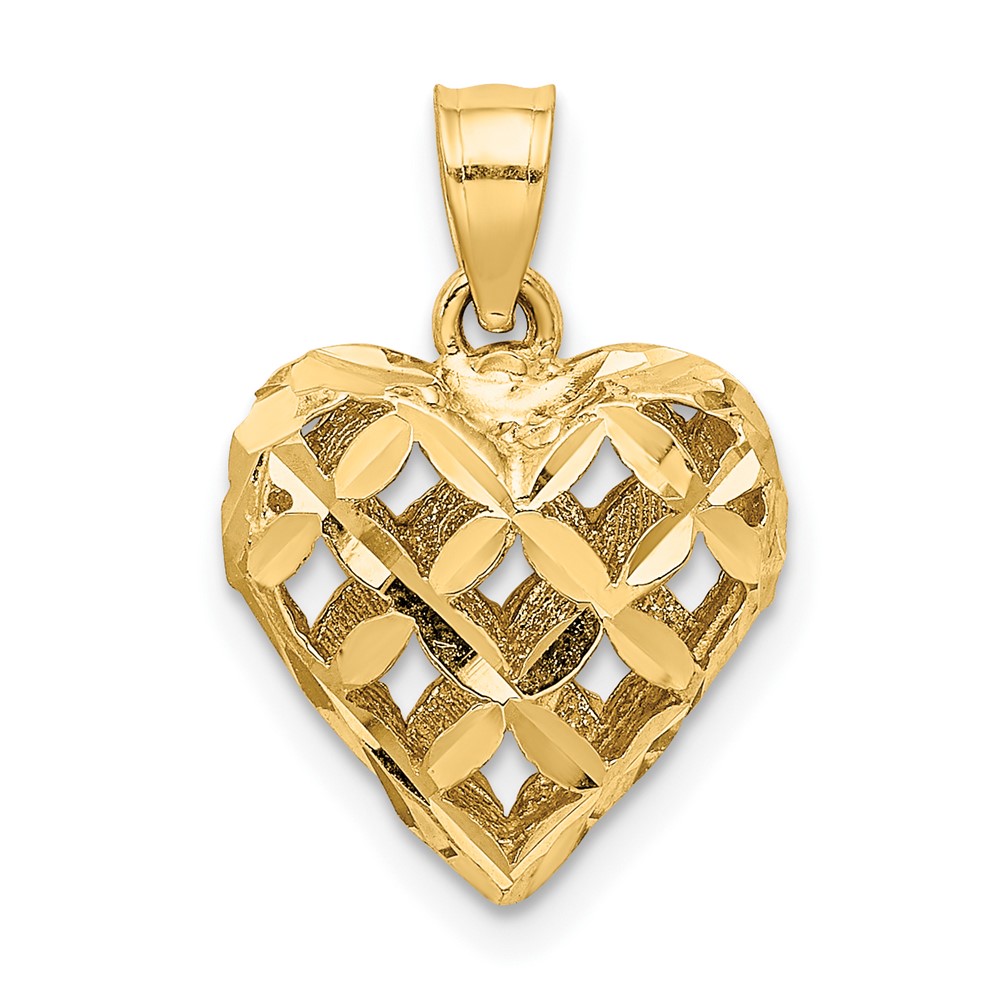 14K 3-D Diamond-cut Filigree Puffed Heart Charm (K7131)