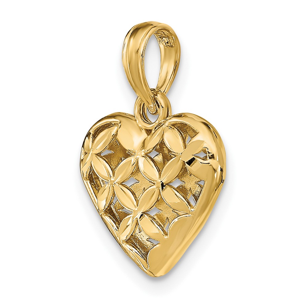 14K 3-D Diamond-cut Filigree Puffed Heart Charm (K7131)