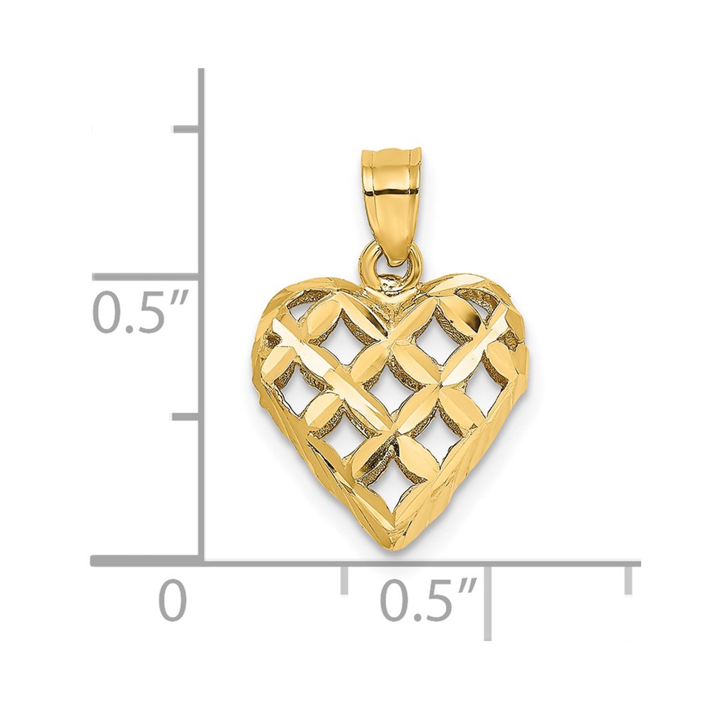 14K 3-D Diamond-cut Filigree Puffed Heart Charm (K7131)