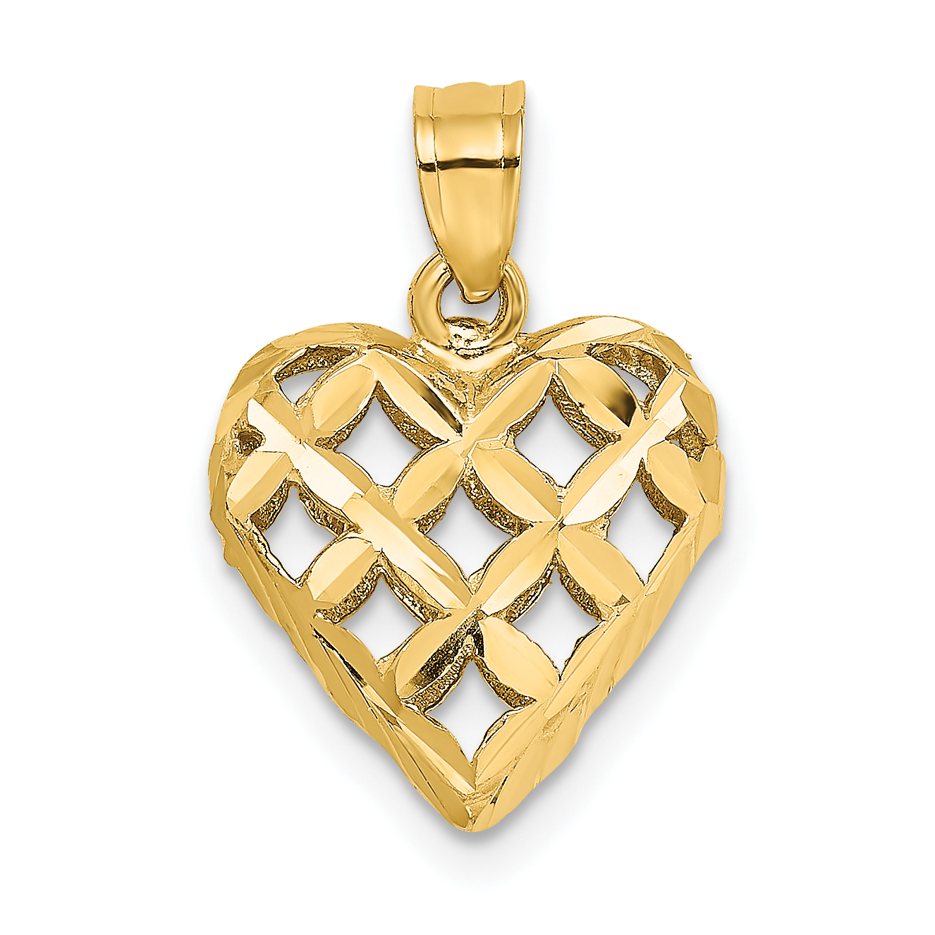 14K 3-D Diamond-cut Filigree Puffed Heart Charm (K7131)