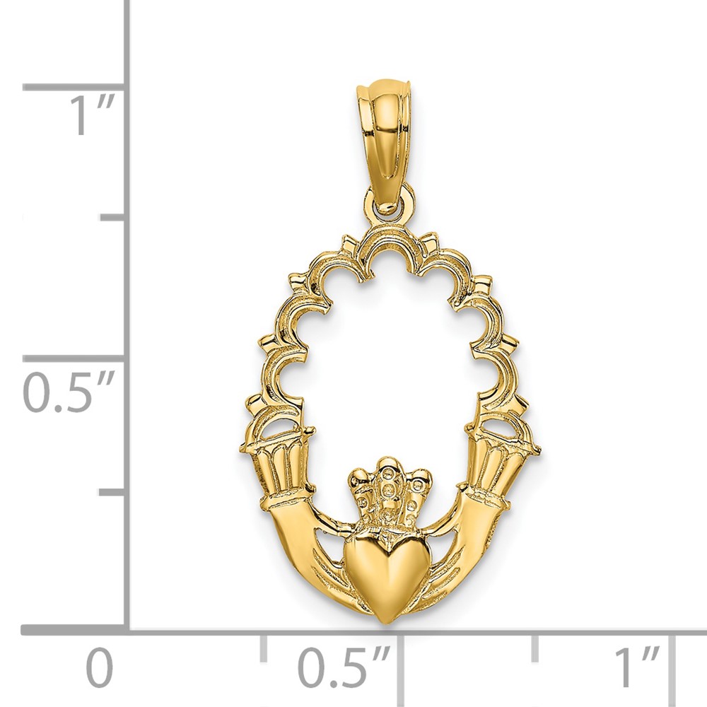 14K Engraved Claddagh In Oval w/ Lace Trim Charm (K7163)